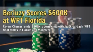 Poker chips and cash bundles on a tournament table symbolizing Beriuzy’s $800K downswing recovery, PokerOffer