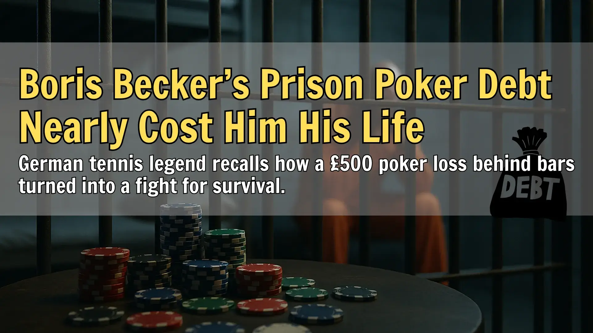 PokerOffer cover image showing a prison cell with poker chips, symbolizing Boris Becker’s prison poker debt story