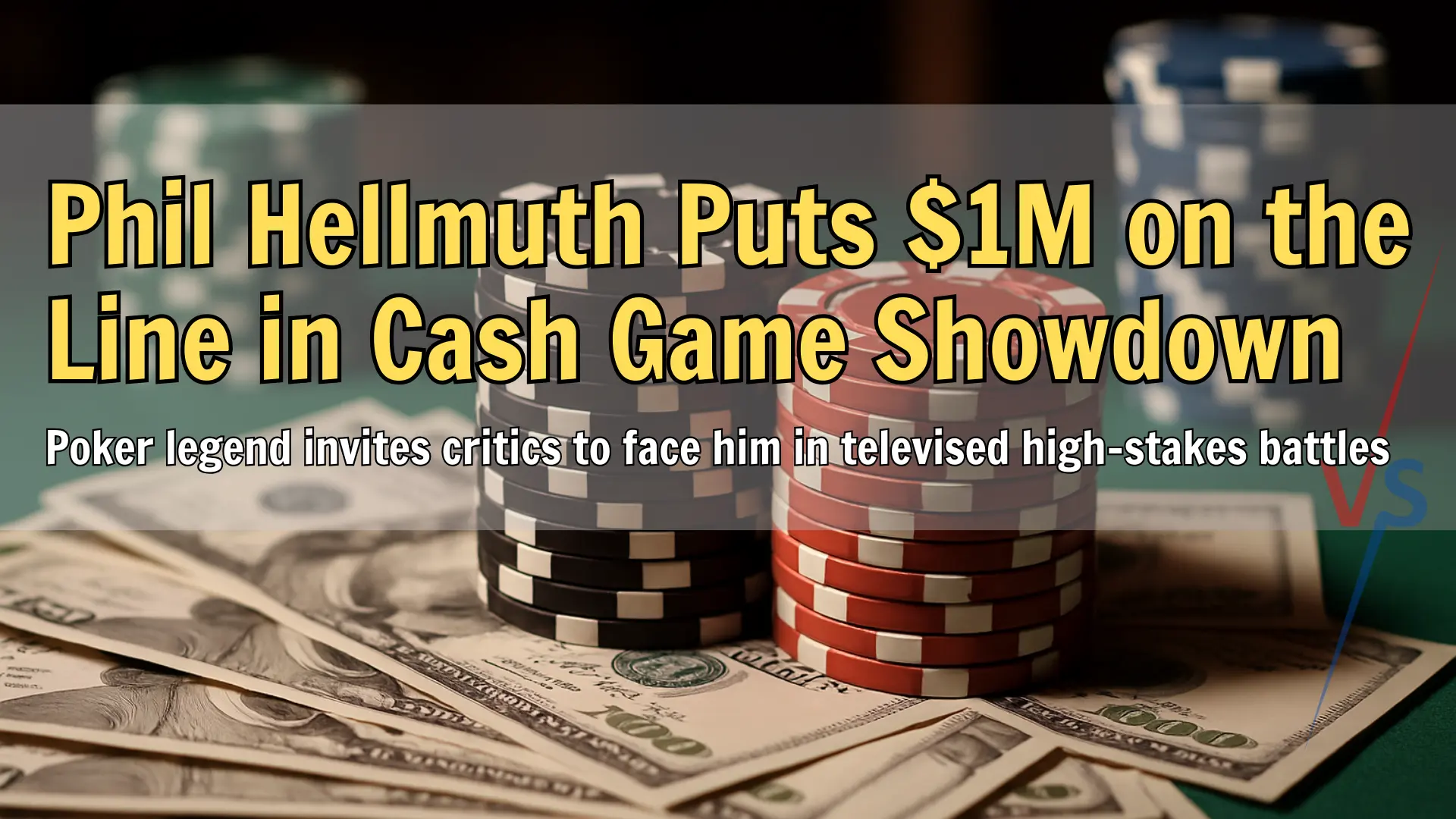 Poker chips and cash stacks symbolizing Phil Hellmuth’s $1M poker cash game challenge – PokerOffer