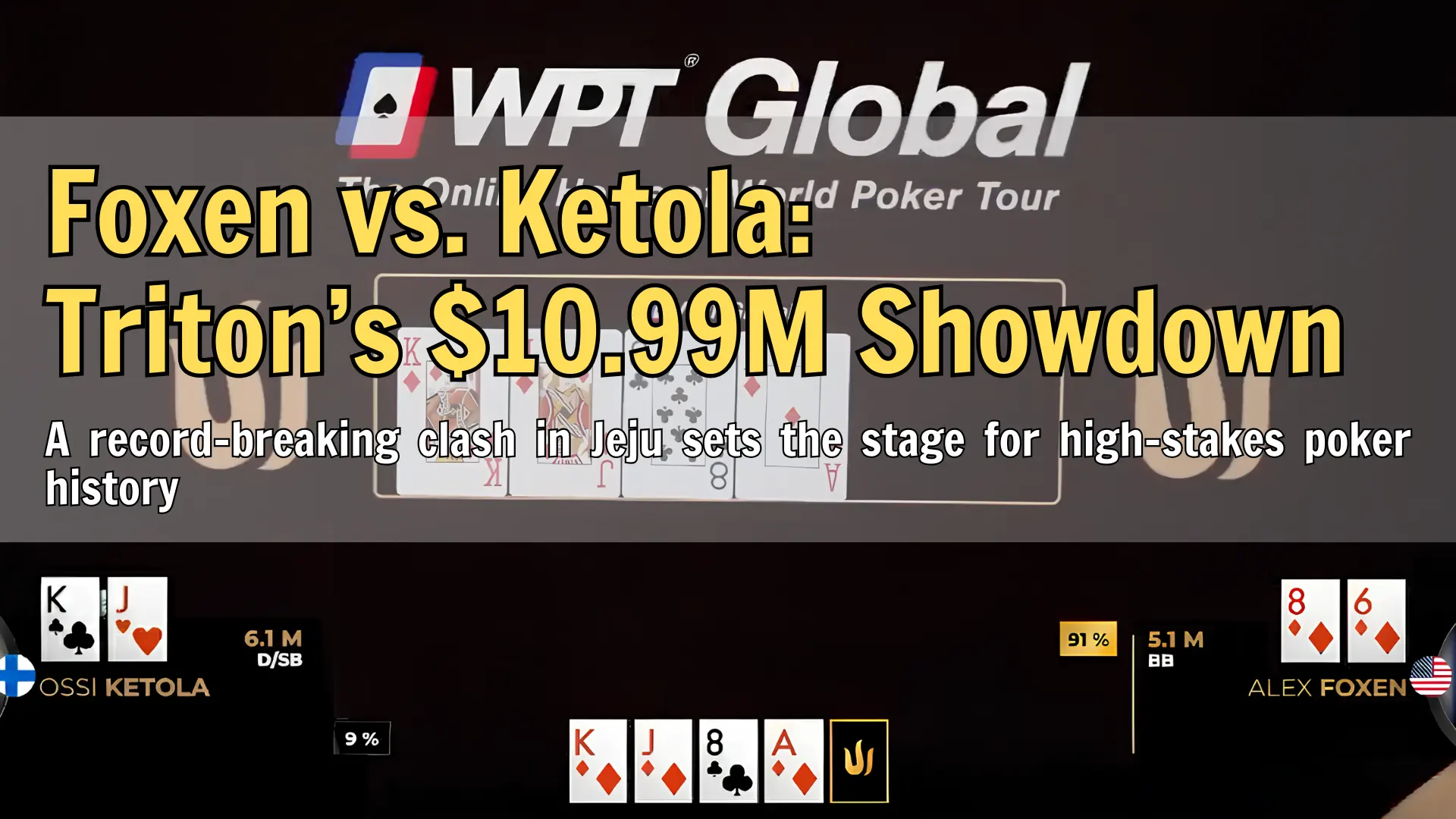 WPT Global poker hand with Ossi Ketola holding KJ against Alex Foxen with 86, featured in Triton Poker Jeju record pot – PokerOffer