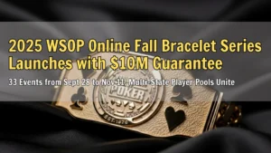 WSOP 2025 gold bracelet on black silk with poker suits (spade, heart, club, diamond), PokerOffer tournament coverage