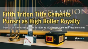 Triton Poker Series champion trophy, chips, and winner’s cap on final table – PokerOffer