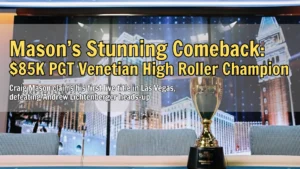 Golden poker trophy on a studio desk with the Venetian Las Vegas backdrop – PokerOffer