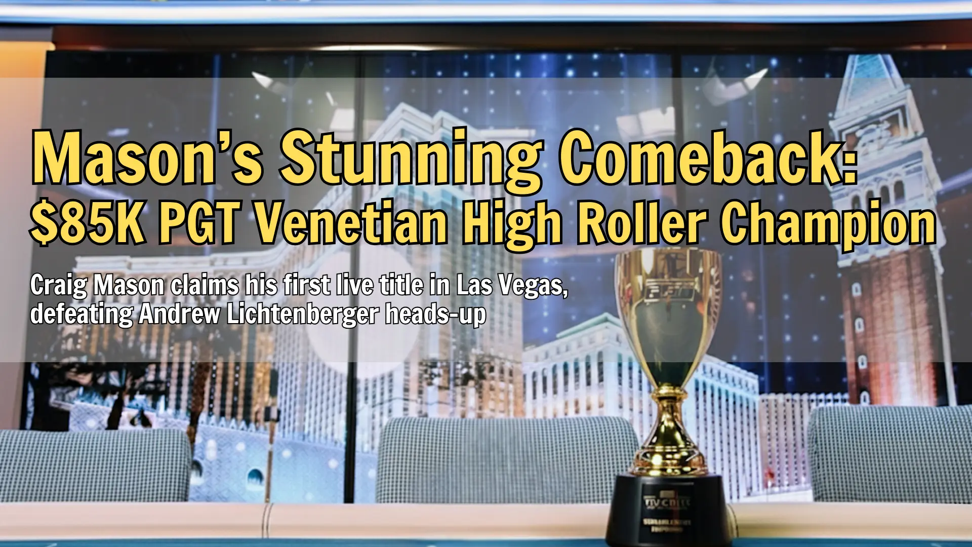 Golden poker trophy on a studio desk with the Venetian Las Vegas backdrop – PokerOffer