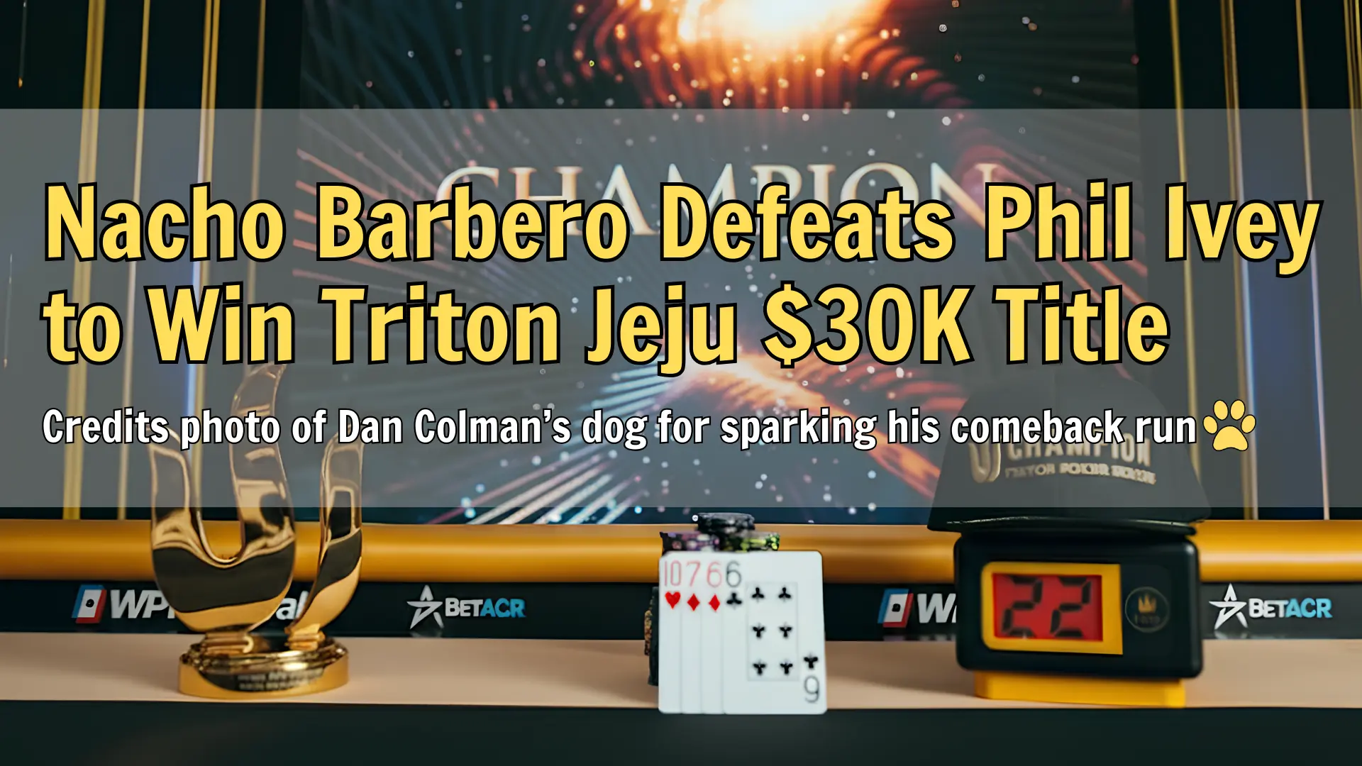 Triton Poker champion trophy, final winning hand, and title display – PokerOffer