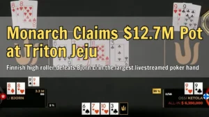 Ossi "Monarch" Ketola wins a $12,700,000 record-setting poker pot at Triton Jeju, shown in live-streamed action