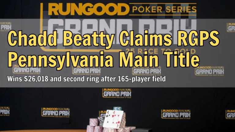 RunGood Poker Series Grand Prix backdrop with poker chips and winning hand on display