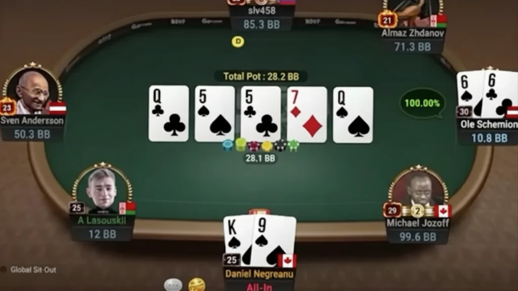 WSOP Online Bracelet Series hand where Daniel Negreanu’s K9 suited loses all-in against Ole Schemion’s pocket sixes, with final board and 28.1 BB pot displayed