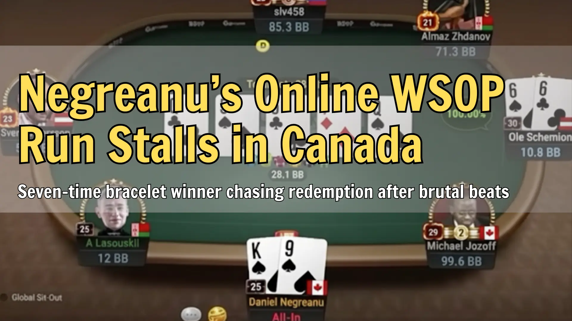 WSOP Online Bracelet Series hand where Daniel Negreanu’s K9 suited loses to Ole Schemion’s pocket sixes, final board and pot displayed
