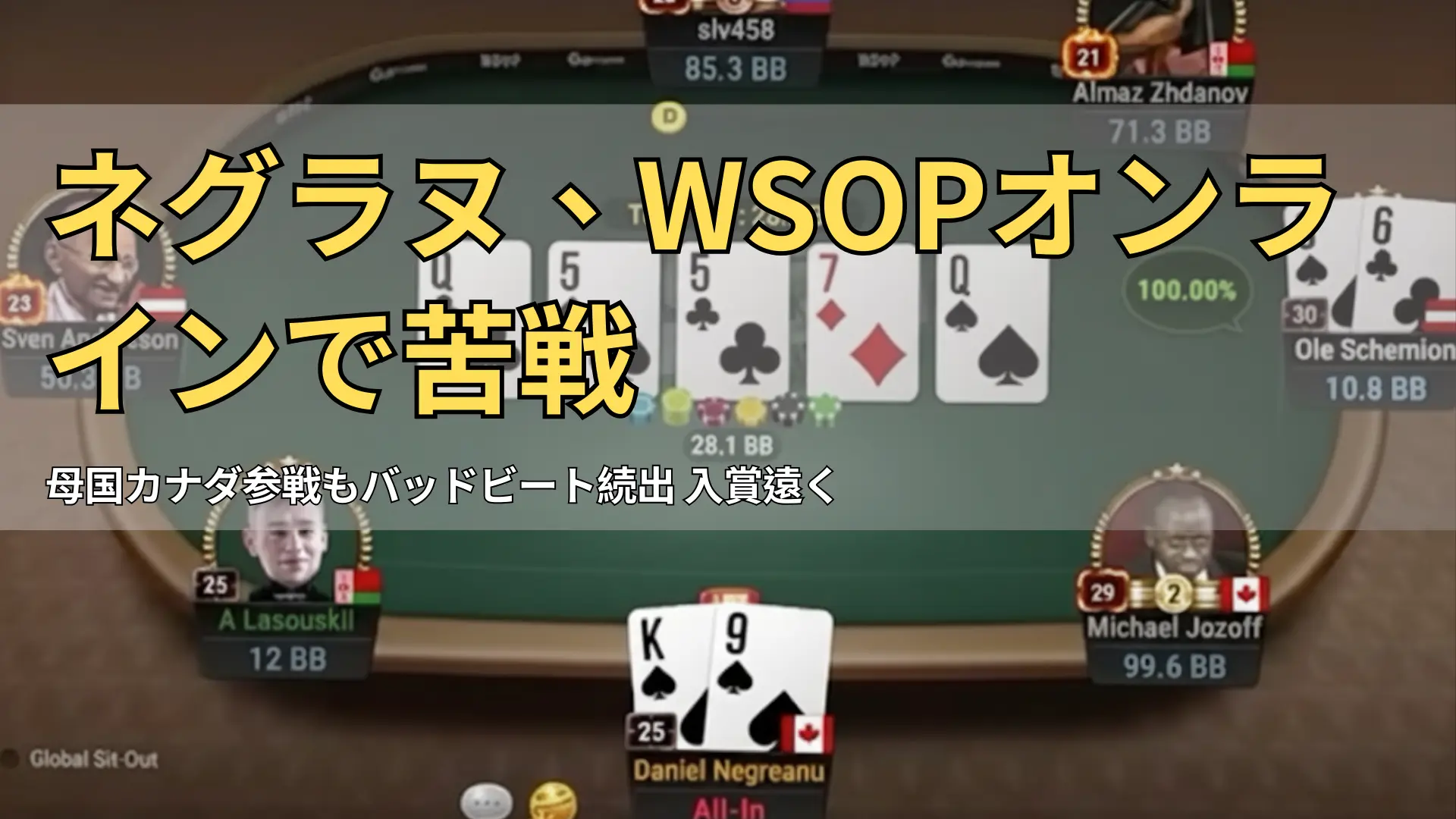 WSOPオンライン金ブレスレットシリーズで、ダニエル・ネグラヌのK9スーツがオーレ・シェミオンのポケット6に敗北した決定的なハンド、最終ボードとポットが映る