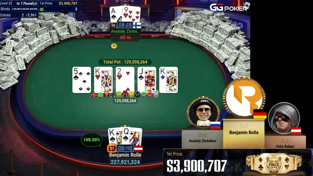 Final hand of the 2025 WSOP Online Main Event showing Benjamin Rolle’s K♠Q♠ beating Anatoly Zlotnikov’s A♠9♥, winning $3,900,707 and the bracelet