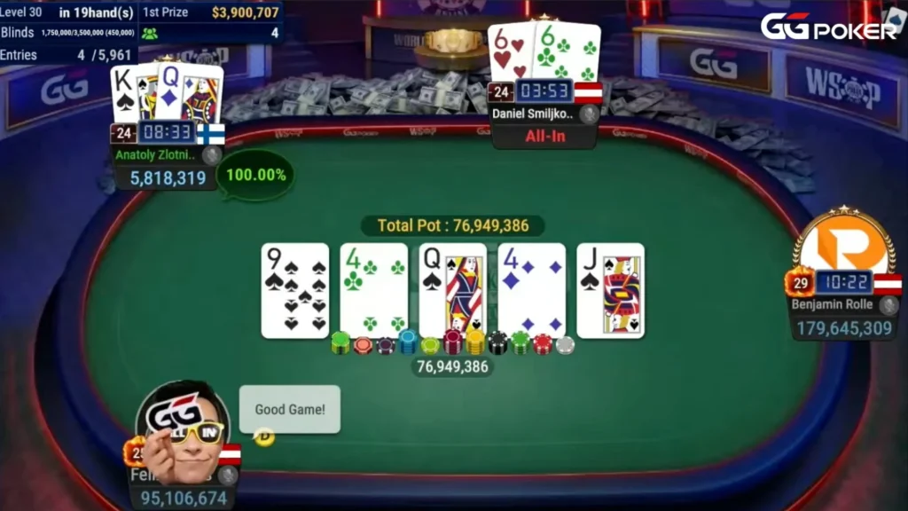 2025 WSOP Online Main Event hand showing Anatoly Zlotnikov’s K♠Q♦ beating Daniel Smiljkovic’s pocket sixes, winning the pot on a paired board