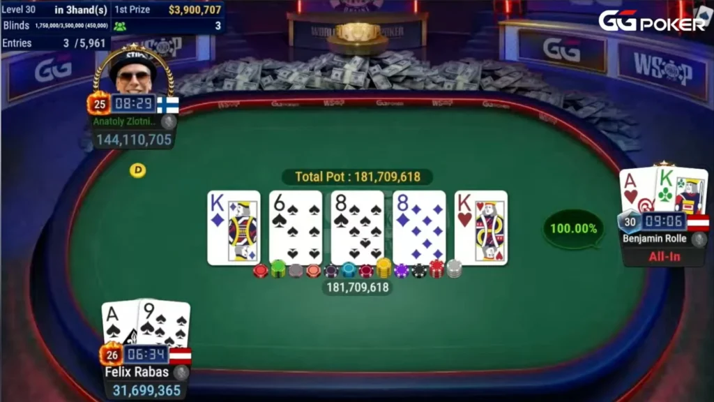 2025 WSOP Online Main Event hand showing Benjamin Rolle’s A♥K♣ defeating Felix Rabas’ A♠9♠ with a full house, winning a massive pot and advancing to heads-up