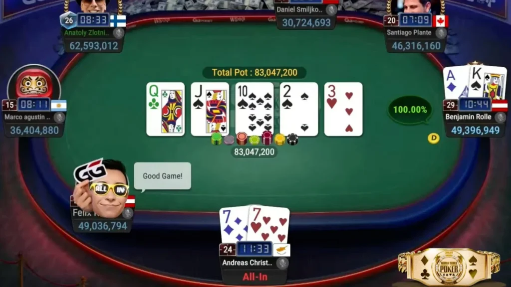 2025 WSOP Online Main Event hand showing Benjamin Rolle’s A♦K♠ eliminating Andreas Christoforou’s pocket sevens with a Broadway straight, winning the pot