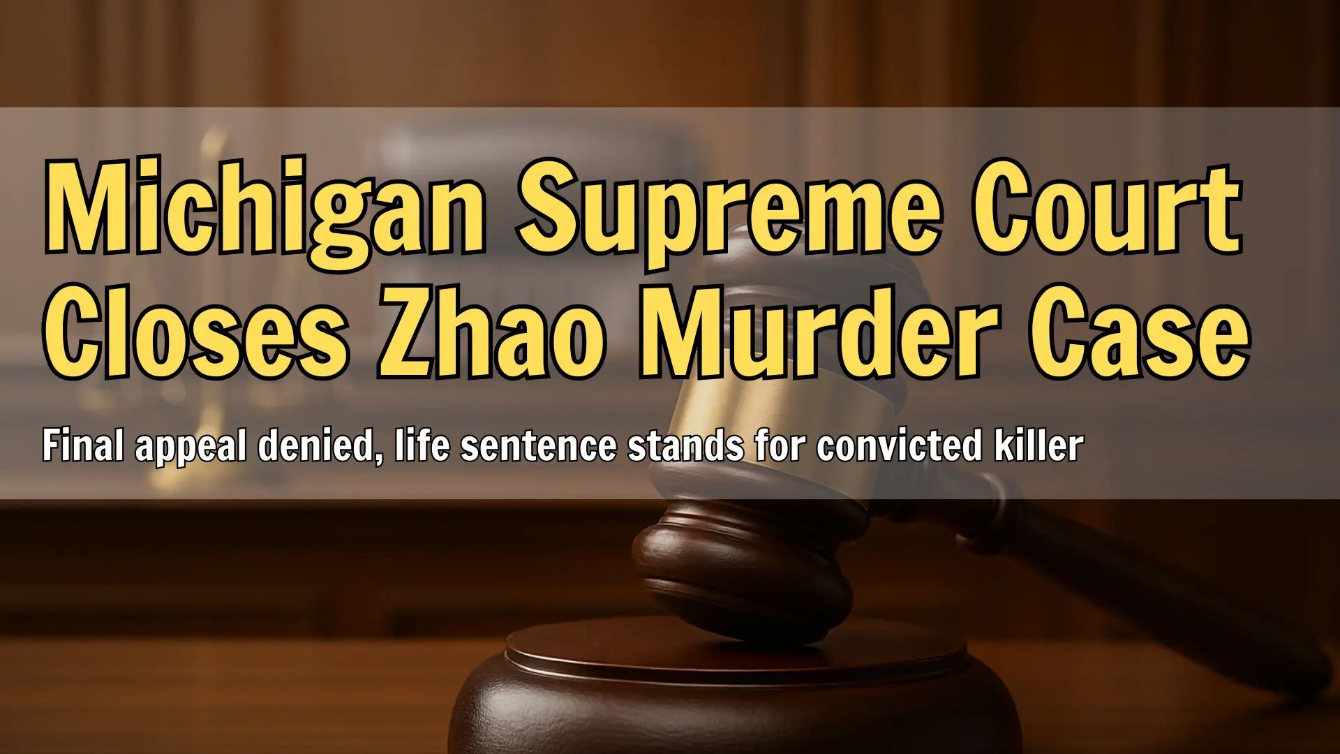 Courtroom gavel and scales of justice symbolizing the Michigan Supreme Court ruling in the Susie Zhao poker murder case