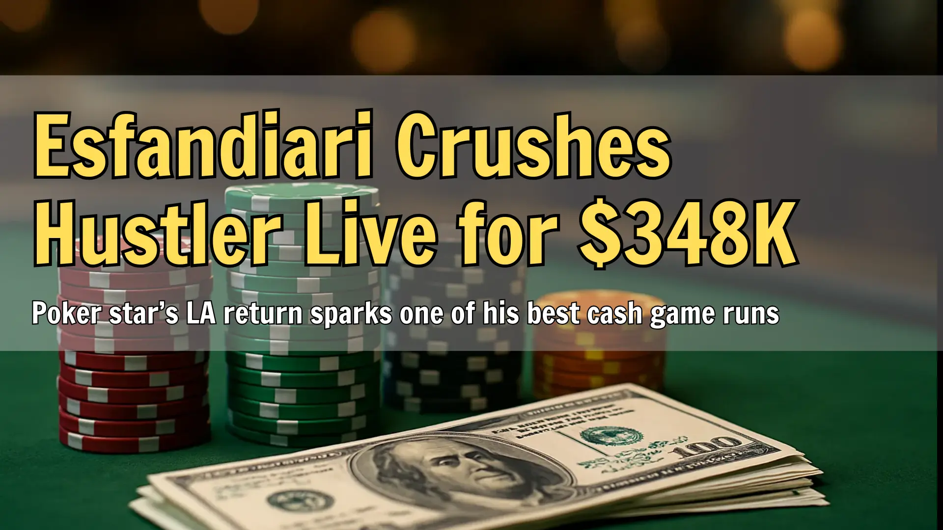 Stacks of poker chips and cash on a green felt table, symbolizing high-stakes poker action