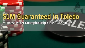 Tournament poker chips and dealer button on felt table