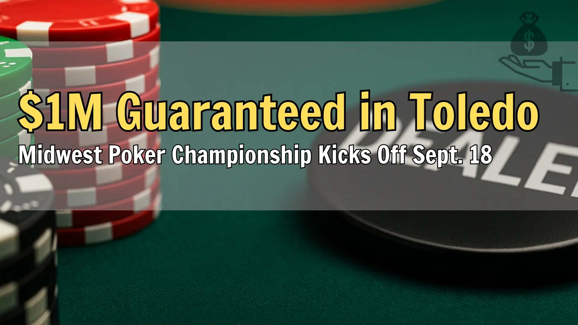Tournament poker chips and dealer button on felt table