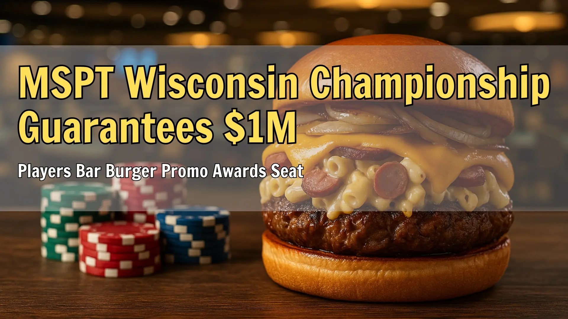 Gourmet burger with macaroni, bratwurst, and cheddar beside poker chips on a green felt casino table