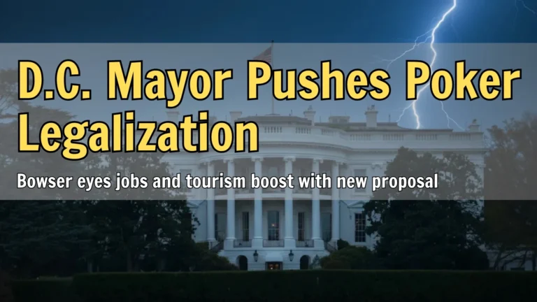White House at night with a dramatic lightning strike, symbolizing high-stakes poker legislation and economic impact in Washington, D.C., featured by PokerOffer