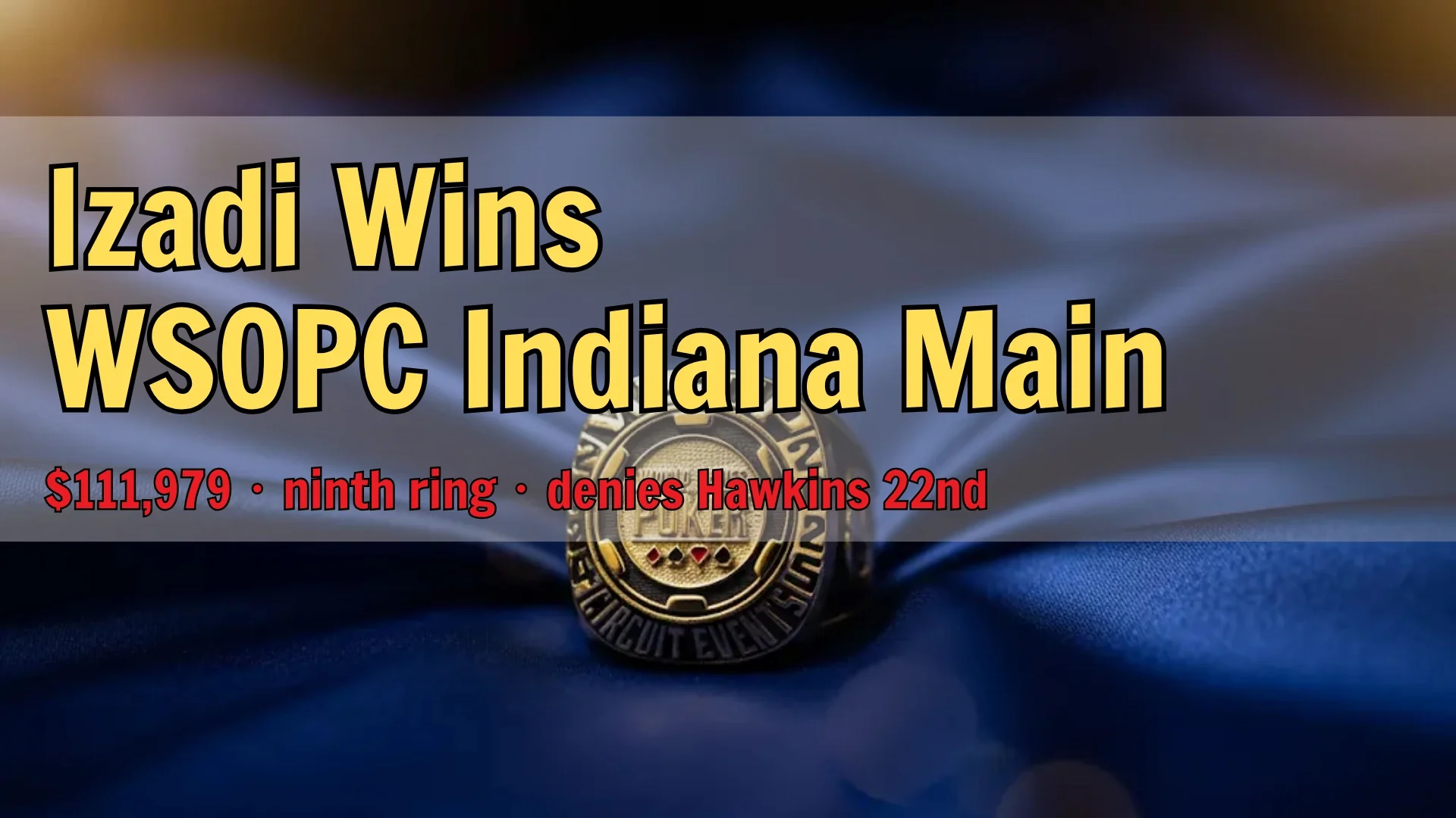 Close-up of a WSOP Circuit gold ring on blue fabric background, symbolizing poker championship glory