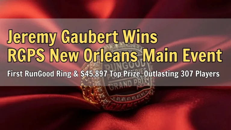 Close-up of a RunGood Poker Series Grand Prix championship ring placed on red silk fabric