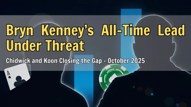 Two silhouetted poker players facing off with abstract poker elements like chips and cards in the background, symbolizing the race for all-time poker earnings
