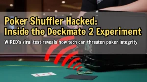 A person connects a smartphone to a poker shuffling machine using a USB device, showing a wireless data hack setup on a casino table.