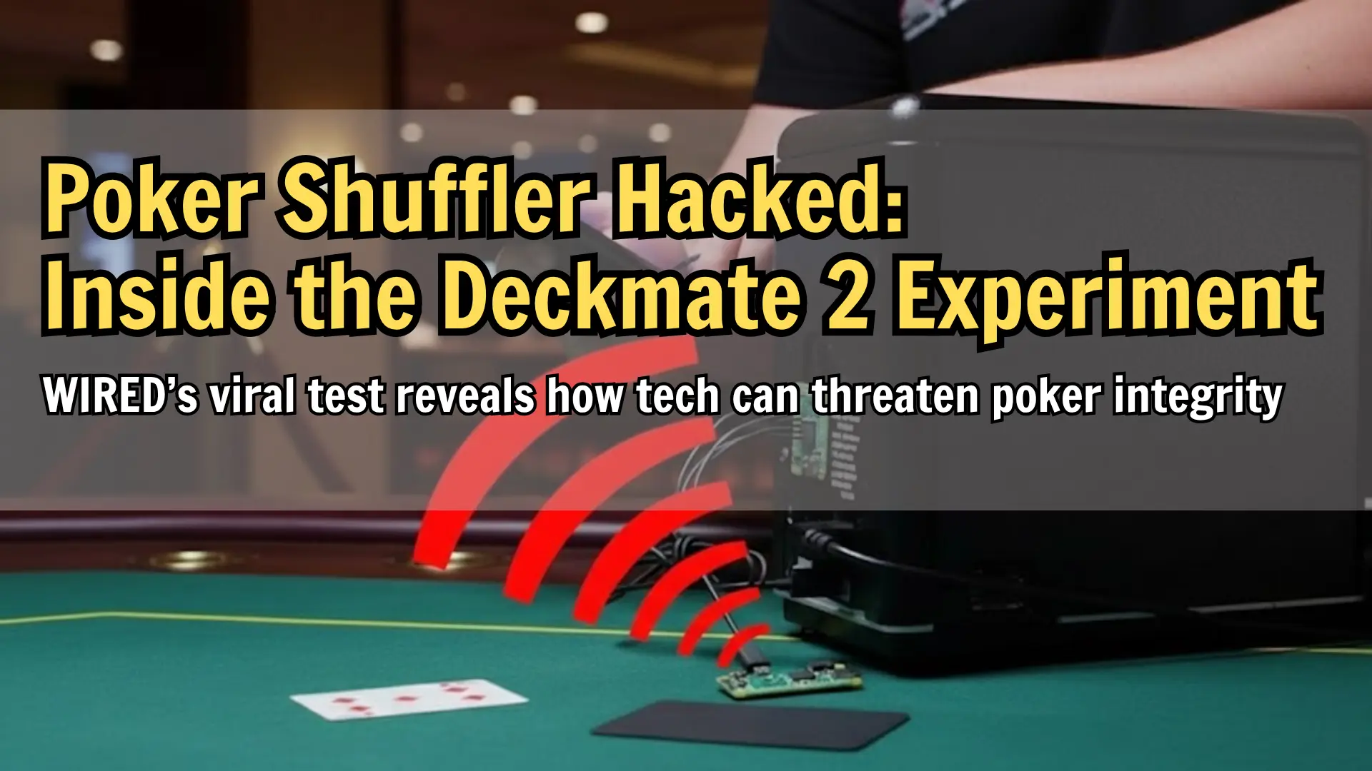 A person connects a smartphone to a poker shuffling machine using a USB device, showing a wireless data hack setup on a casino table.