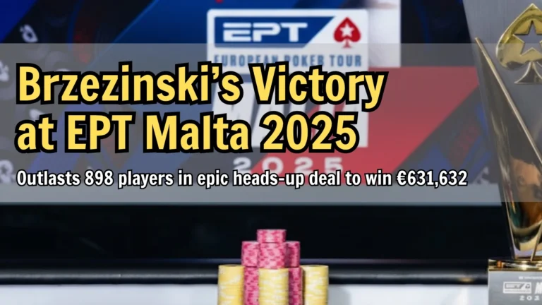 PokerStars EPT Malta 2025 Main Event trophy and chip stacks on final table stage