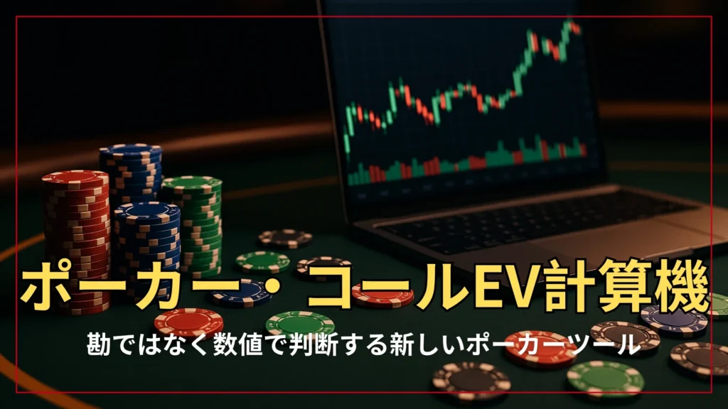 ノートパソコンの画面にエクイティグラフが映り、横にはポーカー・チップが積まれたテーブル。データ重視のポーカーストラテジーを象徴。