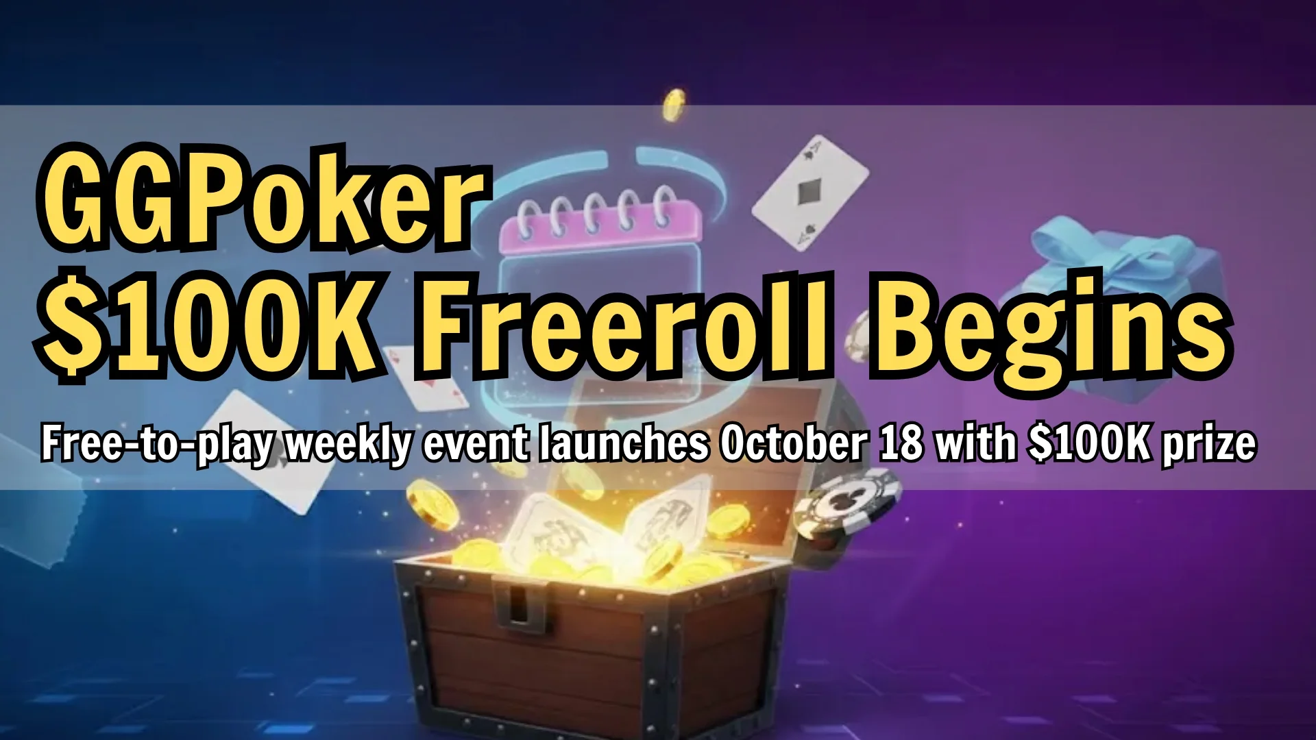 GGPoker Weekly $100K Freeroll promotion chest image with poker chips and rewards PokerOffer