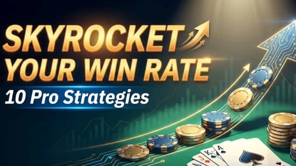 Poker strategy graph showing rising win rate with chips and cards for No Limit Hold'em guide by PokerOffer.