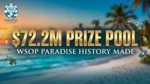 Cover image for 2025 WSOP Paradise Super Main Event showing the record-breaking $72.2 million prize pool against a Bahamas backdrop.