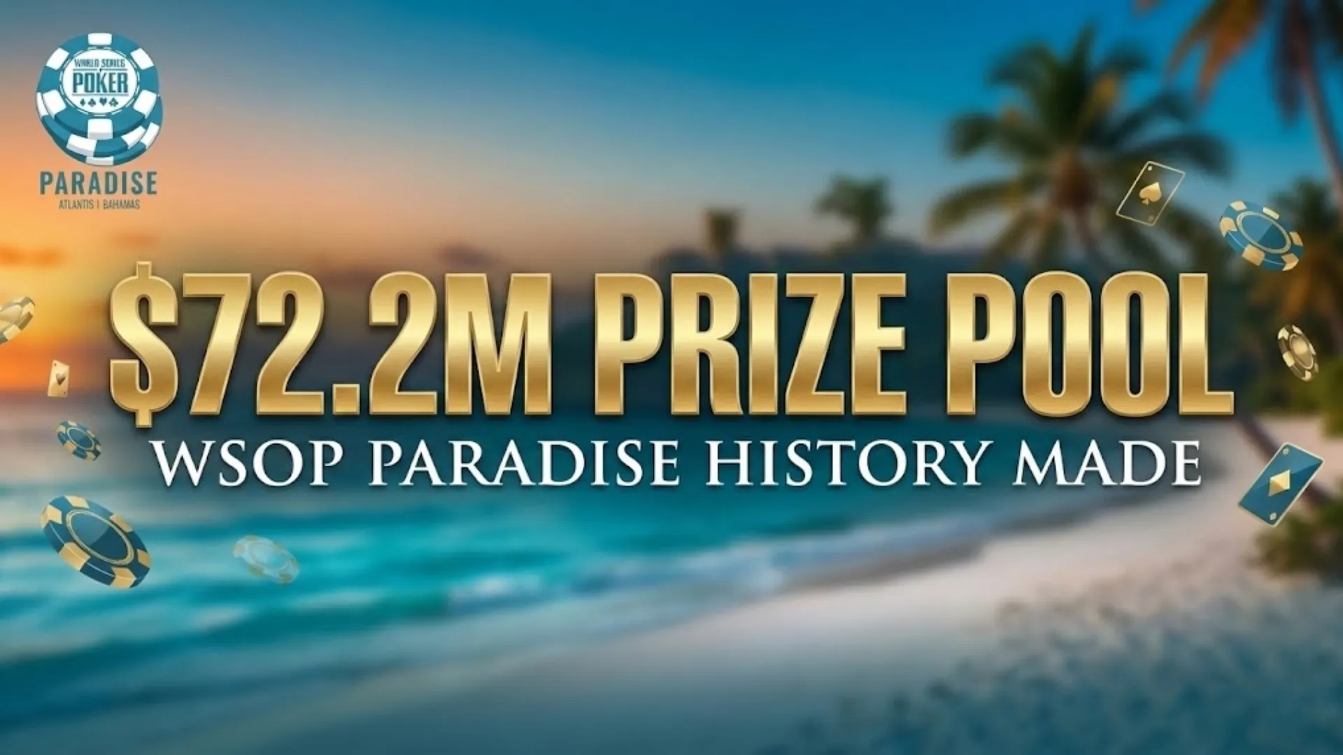 Cover image for 2025 WSOP Paradise Super Main Event showing the record-breaking $72.2 million prize pool against a Bahamas backdrop.