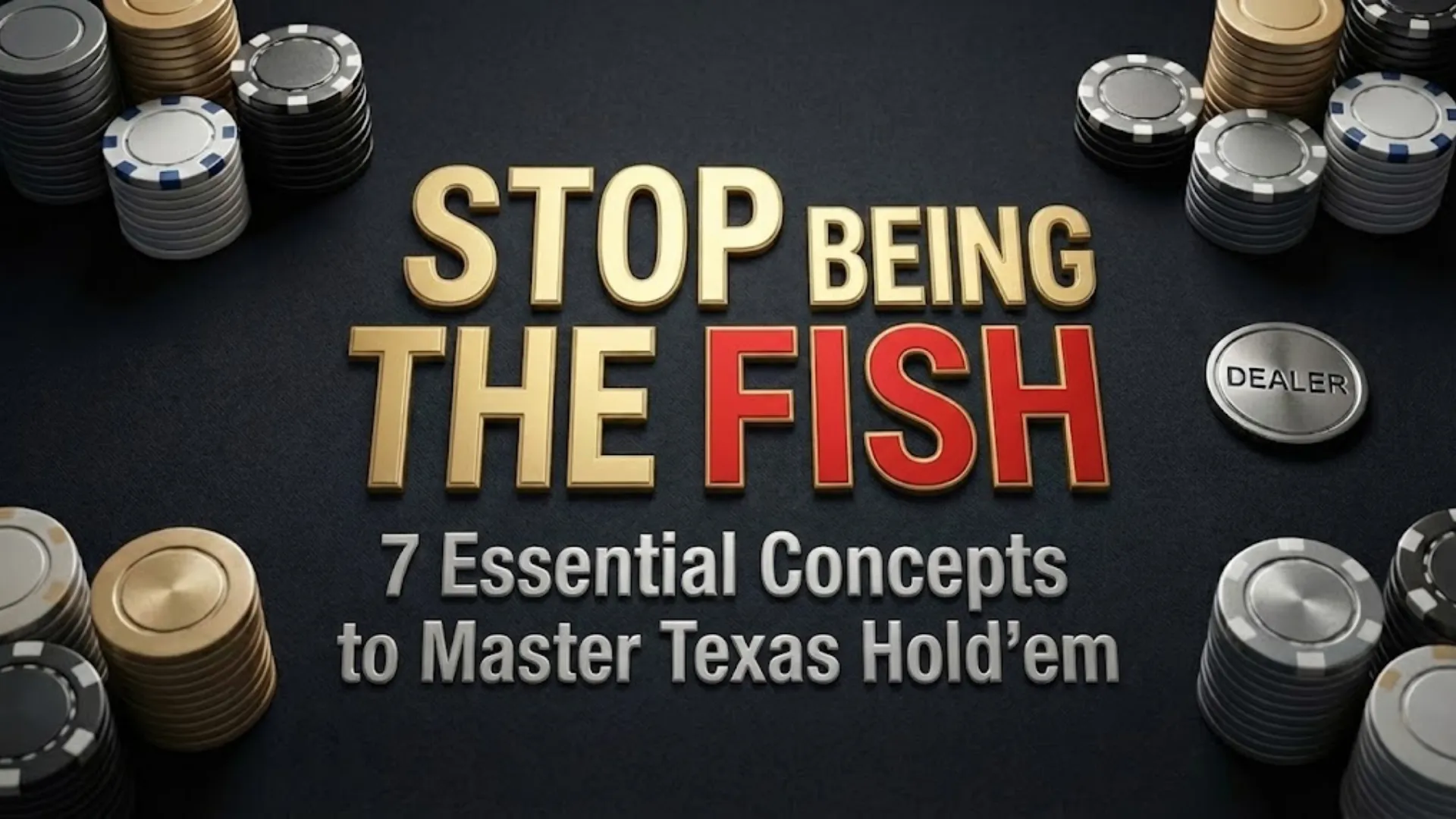 Texas Hold'em strategy guide cover image with poker chips and cards on green felt - PokerOffer