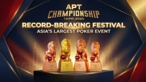 APT Championship Taipei 2025 trophies and event branding, featuring the record-breaking prize pool and lion trophies at the largest Asian poker festival. PokerOffer