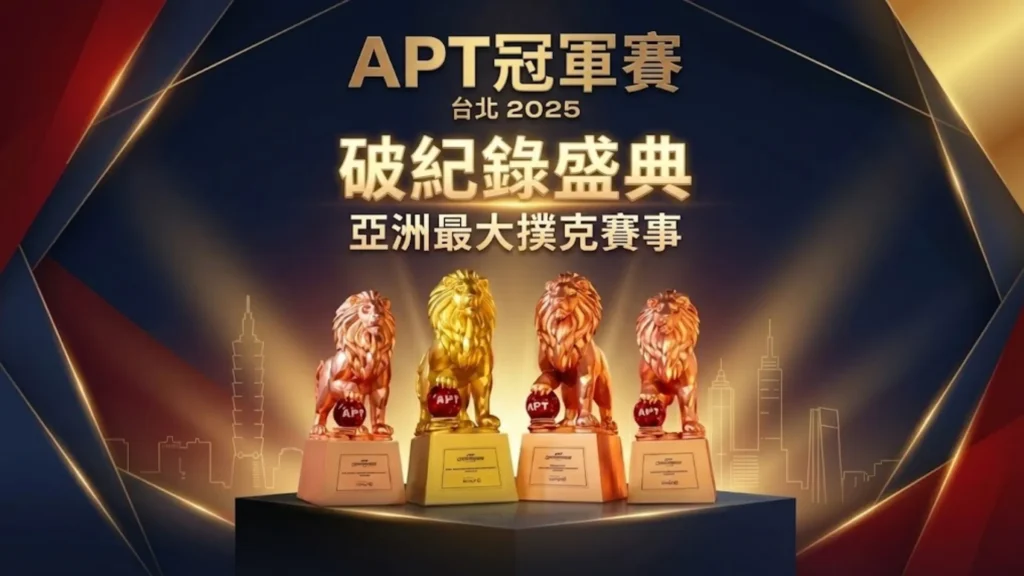 2025 APT 台北冠軍賽獎盃與賽事主視覺，展示破紀錄的總獎池與標誌性獅王獎盃，亞洲最大撲克盛事。PokerOffer