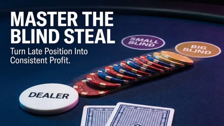 Poker chips sliding from dealer button to blinds illustrating blind stealing strategy on blue felt - PokerOffer