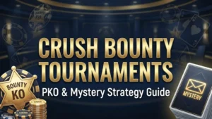 Strategic guide graphic for Bounty Poker Tournaments covering PKO and Mystery math by PokerOffer
