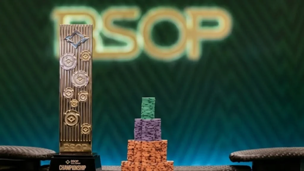 BSOP Championship trophy with final chip stacks after record R$3.418M victory