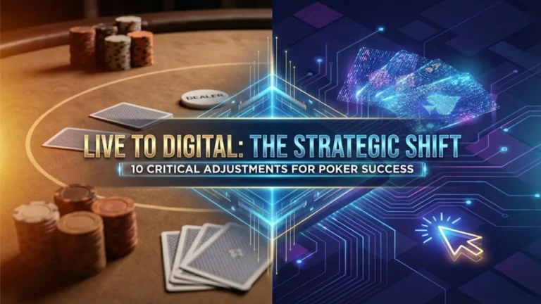 Graphic showing the contrast between live poker chips and online poker software interface for a strategy guide, by PokerOffer.