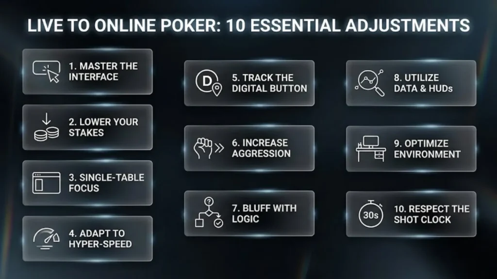 PokerOffer infographic listing 10 essential adjustments for live poker players moving to online tables, including bankroll management.