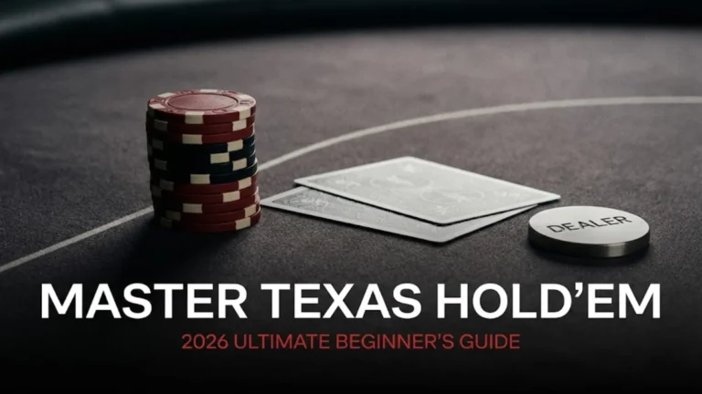 Texas Hold'em poker table featuring chips, hole cards, and dealer button for the 2026 beginner's guide.