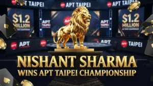 Golden lion trophy for Nishant Sharma winning the APT Taipei Championship Main Event for $1.2 million prize - PokerOffer.