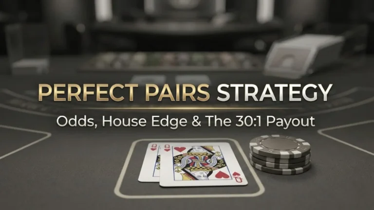 Perfect Pairs Blackjack side bet strategy guide featuring winning cards, chips, and payout odds by PokerOffer.