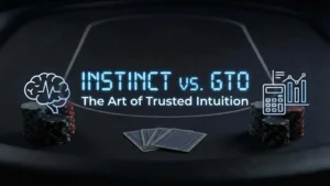 Poker strategy banner comparing Instinct vs GTO math with brain and calculator icons - PokerOffer Guide.
