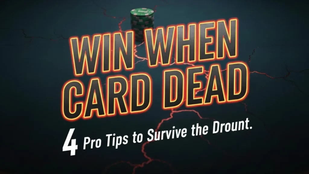 Graphic text "Win When Card Dead" 4 Pro Tips to Survive the Drought on poker table background PokerOffer