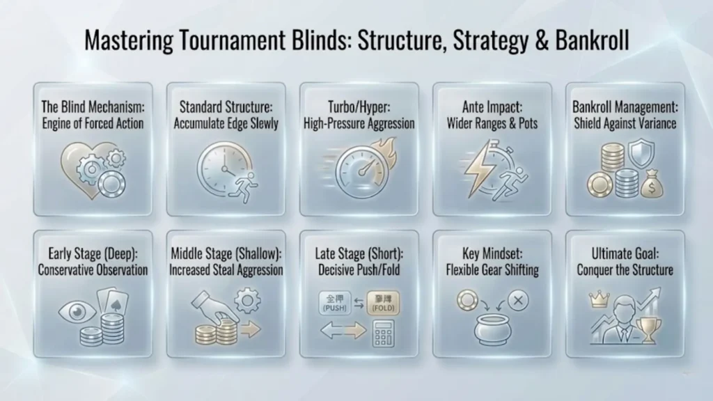 Infographic showing poker tournament blind structure, strategy phases, and bankroll management for PokerOffer guide.