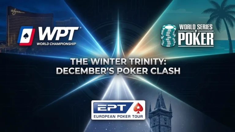 WPT World Championship, WSOP Paradise $60M GTD, and EPT Prague logos for December 2025 Winter Trinity - PokerOffer